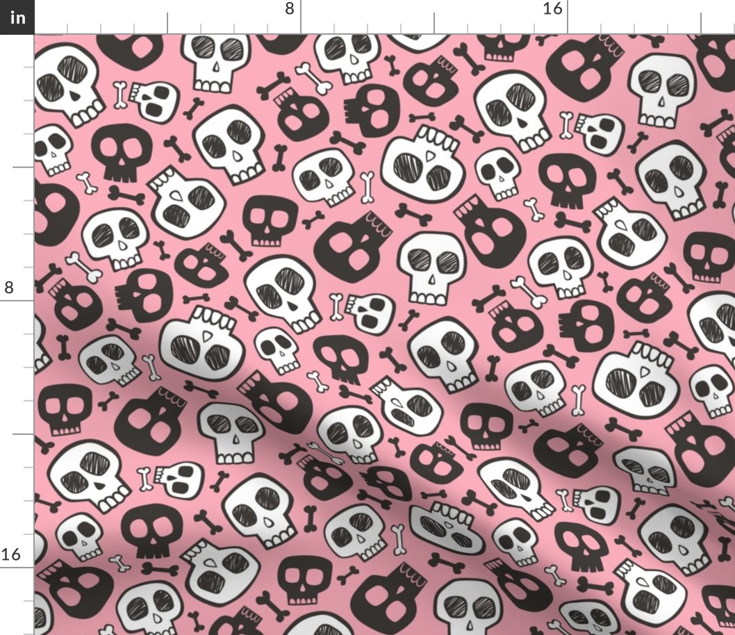 Skulls and Bones Halloween Black & White on Pink