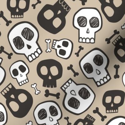 Skulls and Bones Halloween Black & White on Almond