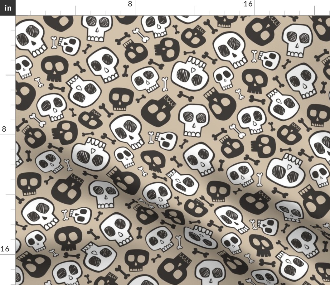 Skulls and Bones Halloween Black & White on Almond