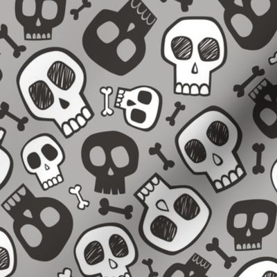 Skulls and Bones Halloween Black & White on Grey