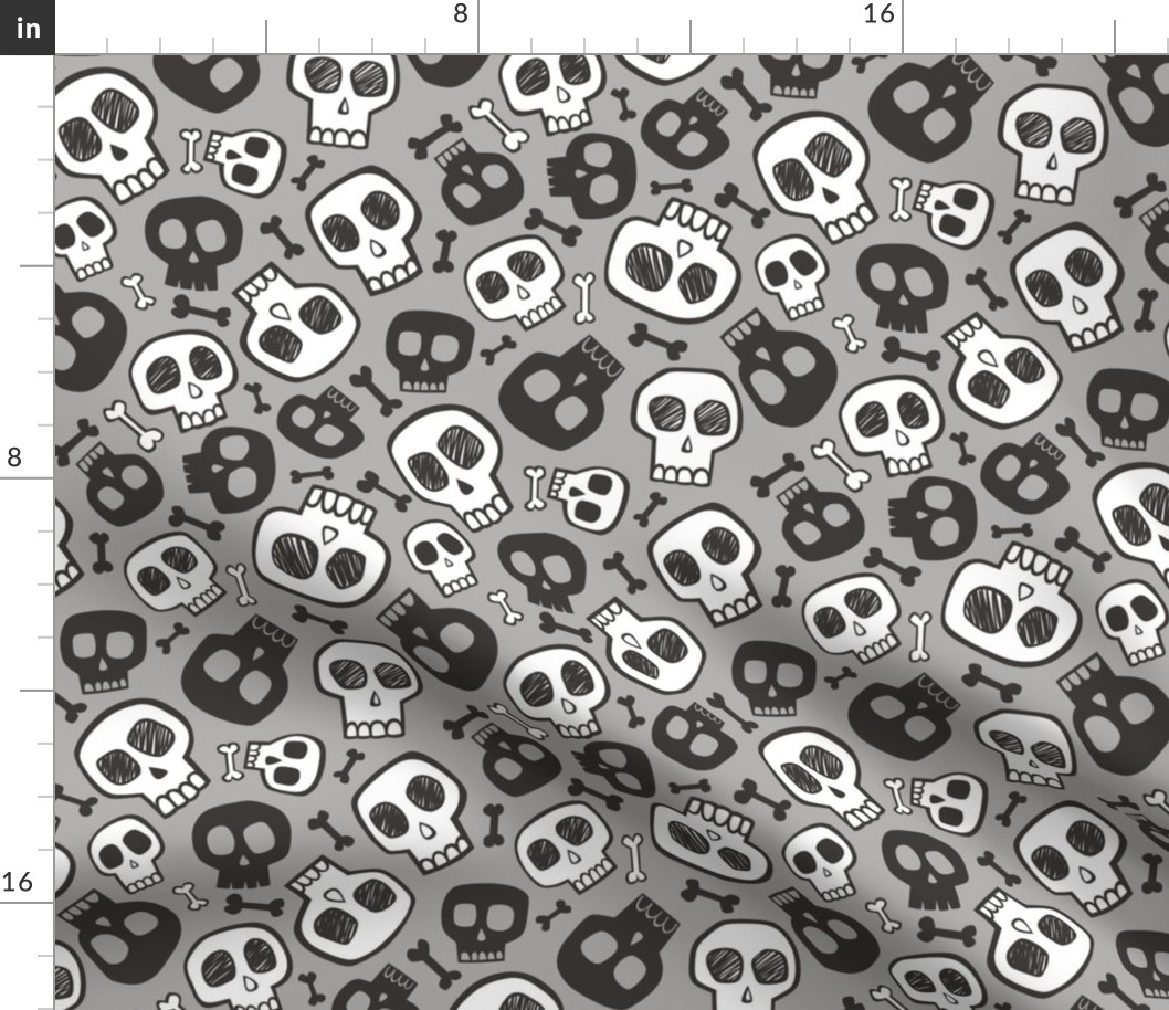 Skulls and Bones Halloween Black & White on Grey