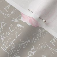 Shabby Chic Painted Roses on Summer Taupe with white French script-ch-ch