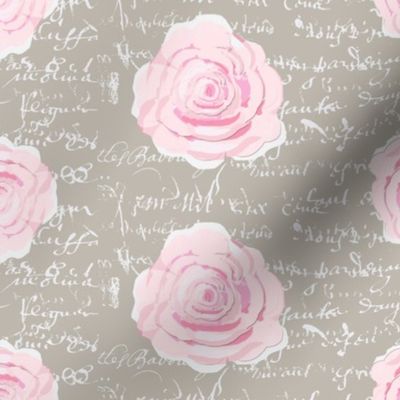 Shabby Chic Painted Roses on Summer Taupe with white French script-ch-ch