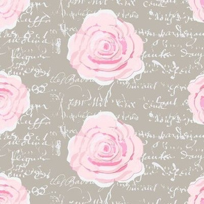 Shabby Chic Painted Roses on Summer Taupe with white French script-ch-ch