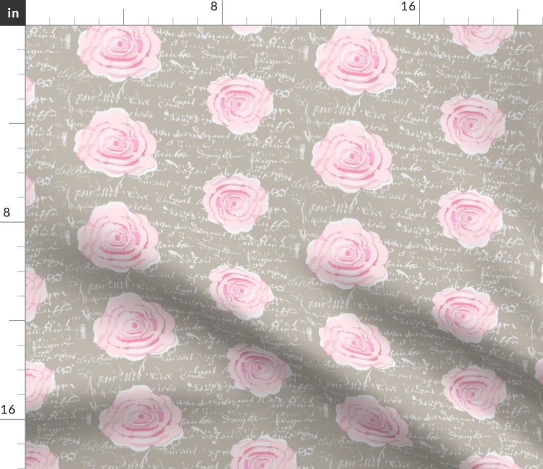 Shabby Chic Painted Roses on Summer Taupe with white French script-ch-ch