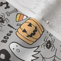 Halloween Doodle with Skulls,Bat,Pumpkin,Spider web,Ghost on Light Grey