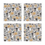 Halloween Doodle with Skulls,Bat,Pumpkin,Spider web,Ghost on Light Grey