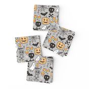 Halloween Doodle with Skulls,Bat,Pumpkin,Spider web,Ghost on Light Grey