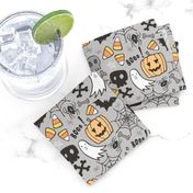 Halloween Doodle with Skulls,Bat,Pumpkin,Spider web,Ghost on Light Grey