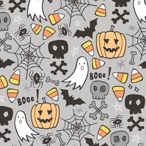 Halloween Doodle with Skulls,Bat,Pumpkin,Spider web,Ghost on Light Grey