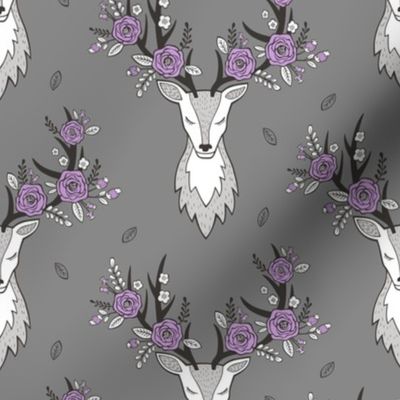 Deer Head Purple Flowers Floral on Dark Grey