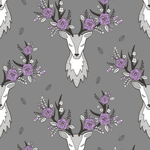 Deer Head Purple Flowers Floral on Dark Grey