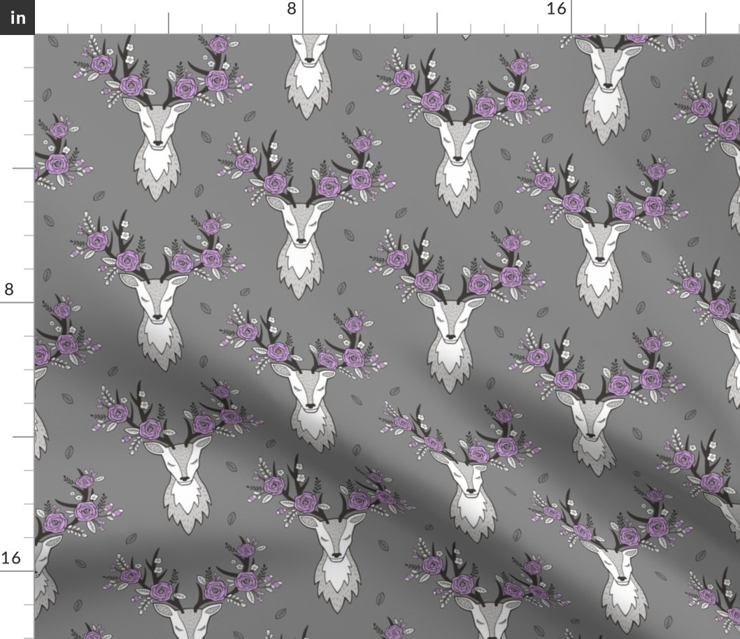 Deer Head Purple Flowers Floral on Dark Grey