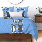 Kawaii Corgi plushie on blue - black white