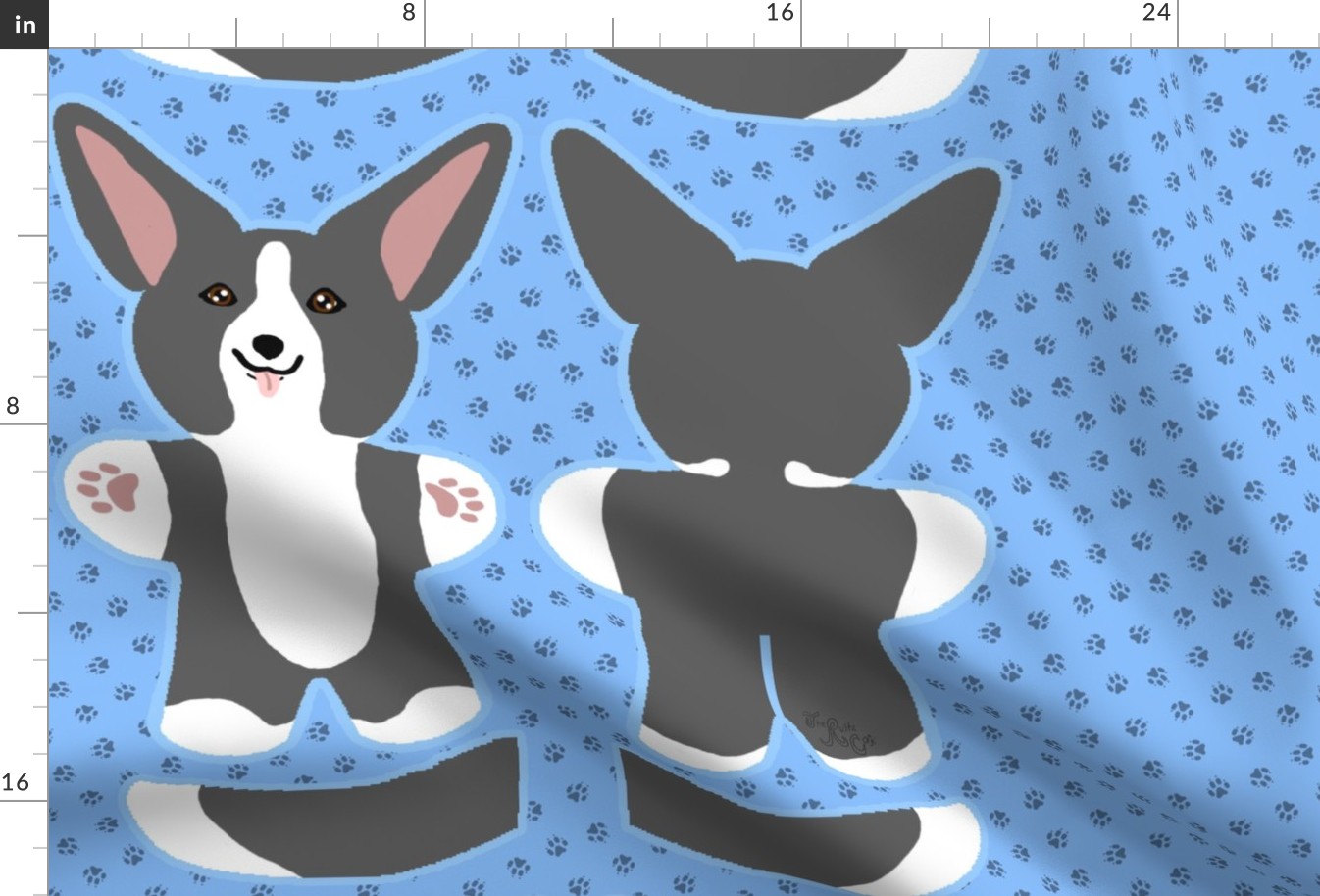 Kawaii Corgi plushie on blue - black white