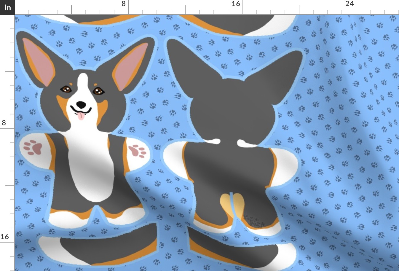 Kawaii Corgi plushie on blue - tricolor