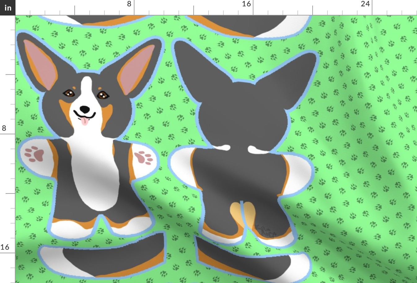 Kawaii Corgi plushie on green - tricolor