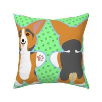 Kawaii Corgi plushie on green - red head tri