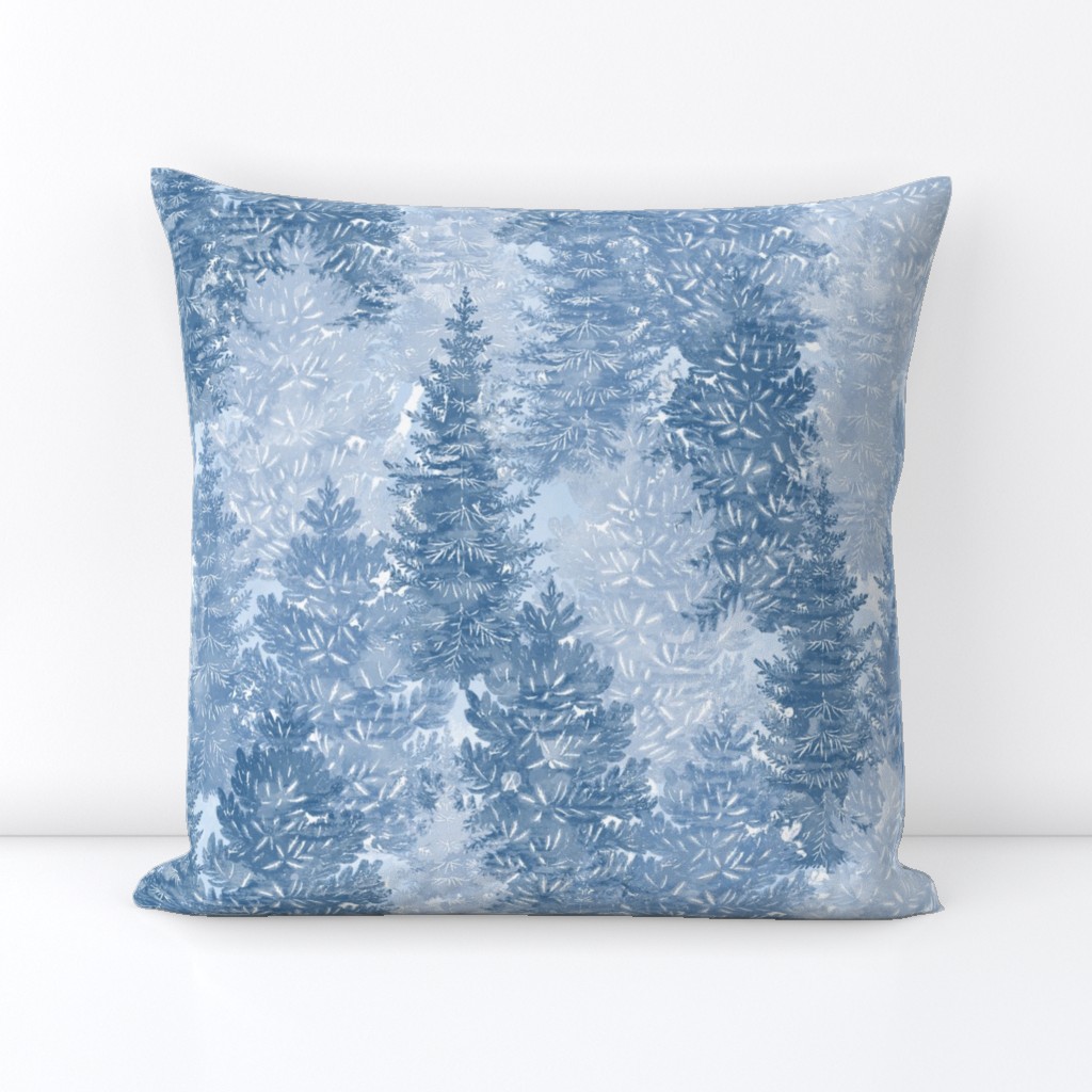 Winter Conifer Forest Watercolor Blue