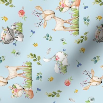 Woodland Friends (light stonewash) Deer Fox Raccoon Flowers Baby Girl Nursery Blanket Sheets Bedding, rotated