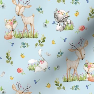 Woodland Friends (light stonewash) Deer Fox Raccoon Flowers Baby Girl Nursery Blanket Sheets Bedding, rotated