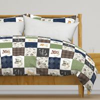 Woodland Animal Tracks Quilt Top – Navy, Brown + Green Patchwork Cheater Quilt, Style N, ROTATED