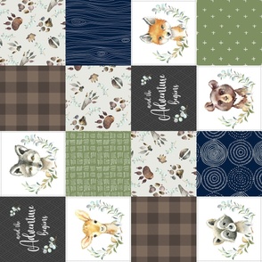 Woodland Animal Tracks Quilt Top – Navy, Brown + Green Patchwork Cheater Quilt, Style N, ROTATED