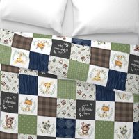 Woodland Animal Tracks Quilt Top – Navy, Brown + Green Patchwork Cheater Quilt, Style N