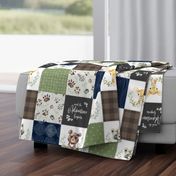 Woodland Animal Tracks Quilt Top – Navy, Brown + Green Patchwork Cheater Quilt, Style N