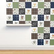 Woodland Animal Tracks Quilt Top – Navy, Brown + Green Patchwork Cheater Quilt, Style N