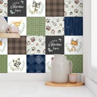 Woodland Animal Tracks Quilt Top – Navy, Brown + Green Patchwork Cheater Quilt, Style N