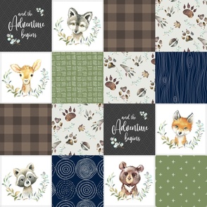 Woodland Animal Tracks Quilt Top – Navy, Brown + Green Patchwork Cheater Quilt, Style N