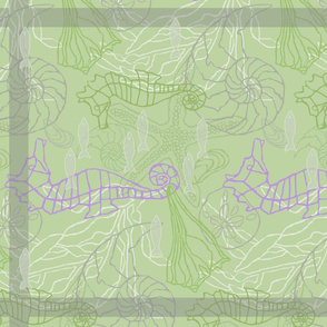 seahorses and seashells on green kitchen towel