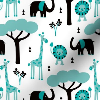 Quirky african zoo animals giraffe elephant and lion safari kids blue