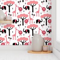 Quirky african zoo animals giraffe elephant and lion safari kids beige girls pink