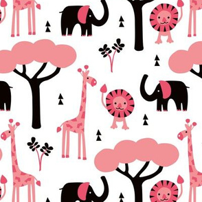 Quirky african zoo animals giraffe elephant and lion safari kids beige girls pink