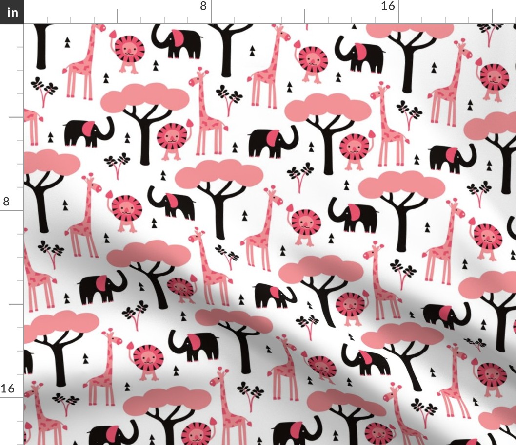 Quirky african zoo animals giraffe elephant and lion safari kids beige girls pink