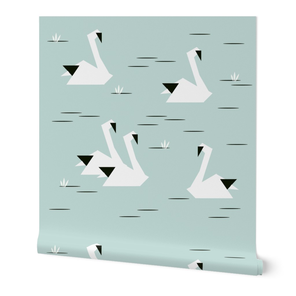 Swans - geometric seafoam mint, monochrome,  black and white, origami, seafoam, trendy || by sunny afternoonSwans - geometric, seafoam mi