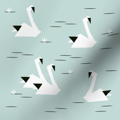 Swans - geometric seafoam mint, monochrome,  black and white, origami, seafoam, trendy || by sunny afternoonSwans - geometric, seafoam mi