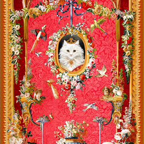 white cats royalty queen Persian birds roosters crowns tiaras dogs paradise pekingese parrots ravens crows neoclassical victorian baroque rococo swags medallions frames flowers floral roses  shabby chic romantic festoon bows ribbons princesses wreath garl