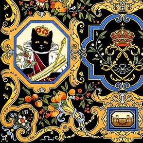 black cats queens kings royalty sceptres crowns mistletoe floral flowers leaves leaf fruits peaches cherry cherries oranges tangerines berry berries sash capes filigrees coat of arms shabby chic romantic victorian horn plenty houses castles baroque rococo