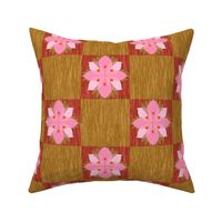 Pink Flowers on Checkerboard Wood