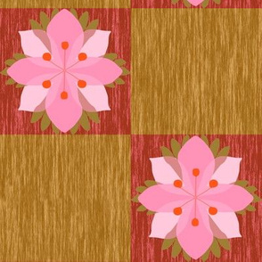 Pink Flowers on Checkerboard Wood