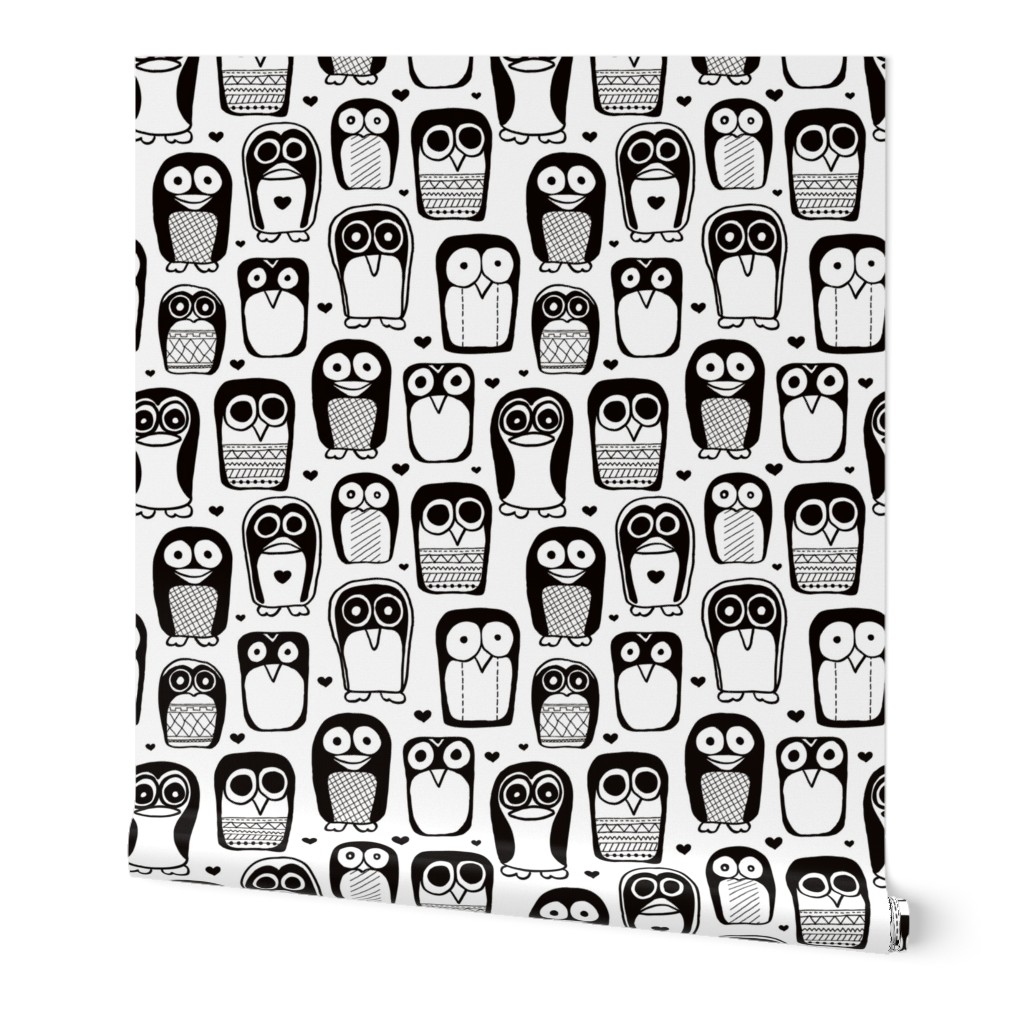 Cool quirky penguins and owls birds for cool kids in black and white