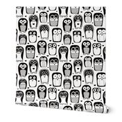 Cool quirky penguins and owls birds for cool kids in black and white