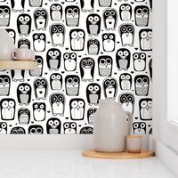 Cool quirky penguins and owls birds for cool kids in black and white