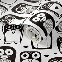 Cool quirky penguins and owls birds for cool kids in black and white