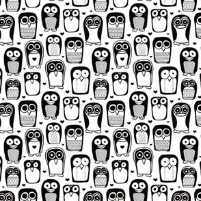 Cool quirky penguins and owls birds for cool kids in black and white
