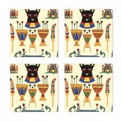 black cats goddesses Bastet Ancient Egypt Egyptian Fans Lotuses Palm trees boats papyrus plants flowers vases crowns Pharaohs kings queen ankh crosses royalty bast eyes rudders oars