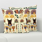 black cats goddesses Bastet Ancient Egypt Egyptian Fans Lotuses Palm trees boats papyrus plants flowers vases crowns Pharaohs kings queen ankh crosses royalty bast eyes rudders oars